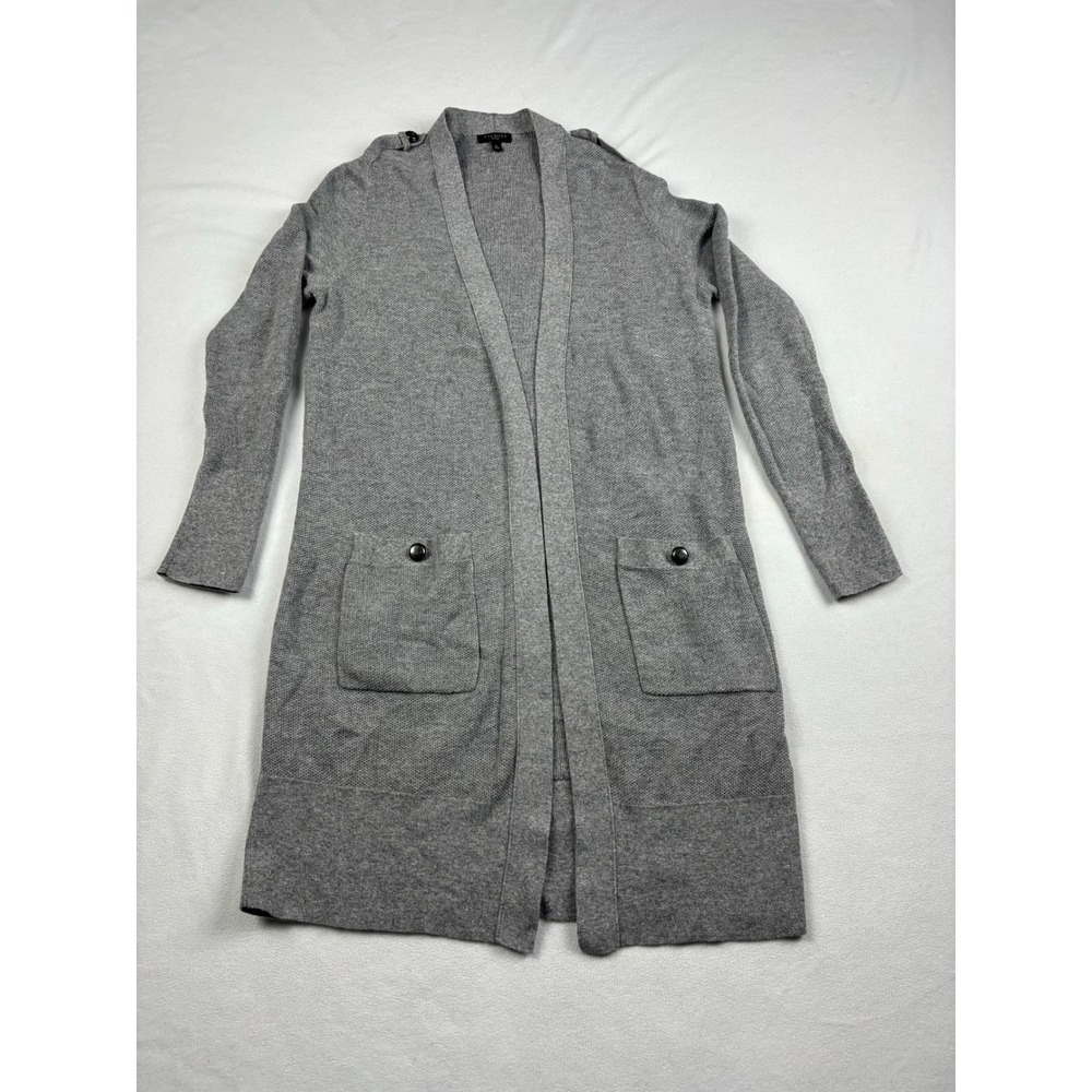 Talbots Petites Gray Long‎ Open Front Cardigan Sweater Pockets Women's P